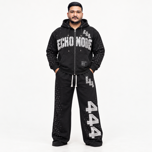 Survêtement en molleton à imprimé graphique pour homme avec veste à capuche zippée, pantalon large, étiquette personnalisée en strass, streetwear deux pièces - Product Image 3
