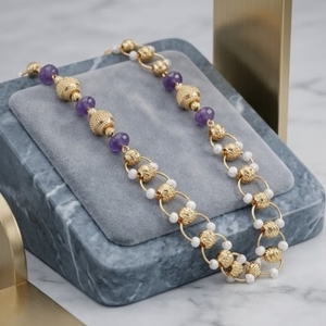 Ensemble collier Mala à maillons circulaires en argent 925 avec perles violettes pour femmes, boucles d'oreilles de créateur, bijoux de mode traditionnels - Product Image 3