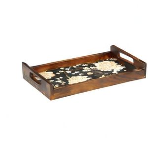 Wooden Serving <b>Tray</b> with Handles Solid Teak Wood Frame Decorative Black Floral Tea Coffee Breakfast Serving <b>Tray</b> for <b>Kitchen</b> - Product Image 4