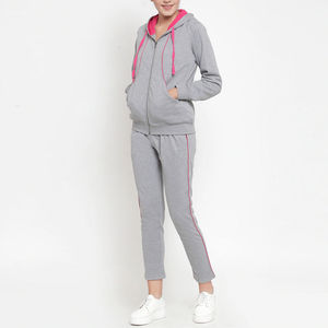 Ensemble de survêtement gris à capuche pour femme, manches longues, couleur unie, tenue décontractée avec bordure rose, fermeture éclair sur le devant, poches latérales, style automne - Product Image 4