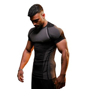 Camiseta de Compresión Personalizada para Hombre, Negra y Borgoña, Manga Corta, Cuello Redondo, Ajustada, para Gimnasio, Entrenamiento, Protección contra Rozaduras, Ropa Deportiva, Capa Base - Product Image 3