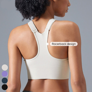 Women Front Zipper High Support Spandex Nylon Scoop Neck <b>Racer</b> Back Sports Bra Women Mesh Yoga Custom Logo Gym Sports Bra - Product Image 5