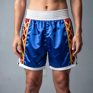 Pantalones Cortos de Boxeo Azules para Hombre con Paneles Laterales Rojos y Dorados, Cintura Blanca, Poliéster, Cómodos, para Entrenamiento en Todas las Estaciones - Product Image 1