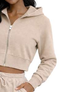 Sudadera con capucha corta personalizada para mujer, color beige, manga larga, estilo casual, para gimnasio y fitness. - Product Image 4