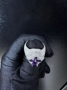 Hip Hop Jewelry Luxury Fully <b>Iced</b> Out Four Leaf Clover <b>Ring</b> Purple Pear Cut Cross Large Signet Band - Product Image 5