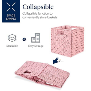 Wholesale Modern Eco-Friendly Rustic Pink Square Water Hyacinth Rattan <b>Storage</b> Basket Set Woven Bins Handles <b>Collapsible</b> <b>Storage</b> - Product Image 1