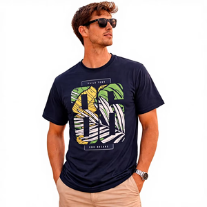 เสื้อยืดโอเวอร์ไซส์สีน้ำเงินกรมท่าสำหรับผู้ชาย พิมพ์ลายพระอาทิตย์ตกดิน สไตล์ชายหาดฤดูร้อน ผ้าฝ้าย สตรีทแวร์ ลำลอง ทรงหลวม รับสกรีนโลโก้ - Product Image 1