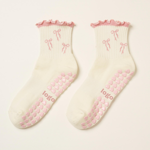 <b>Custom</b> Logo Women's Bow Print Ankle <b>Socks</b> With Ruffle Trim Anti-Slip <b>Grip</b> Floor <b>Socks</b> - Product Image 1