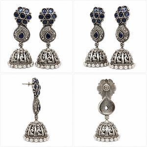 Boucles d'oreilles pendantes classiques et traditionnelles en argent oxydé, qualité export, style Bollywood Jhumka, sertissage clos, bijoux fantaisie - Product Image 4