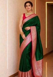 Sari en satin tissé uni KV pour femmes (vert foncé) - Product Image 4