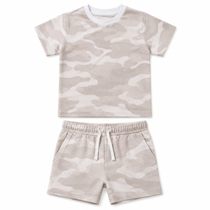 Ensemble t-shirt et short unisexe à manches longues en coton tricoté, col rond, couleur unie, couleur personnalisée, tenue décontractée d'été pour homme - Product Image 1