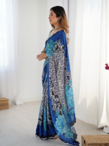Sari con estampado de cebra azul y negro con diseño floral, ropa tradicional india para mujer, ropa informal, tela de poliéster - Product Image 5