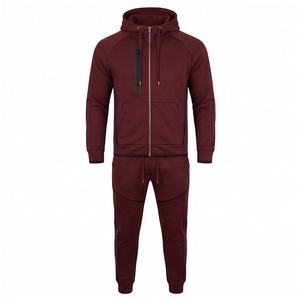 Ensemble de survêtement bordeaux pour homme, manches longues, capuche, fermeture éclair sur le devant, couleur unie, respirant, coupe décontractée, vêtements d'automne - Product Image 1