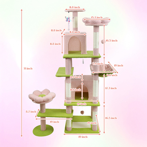 Arbre à chat moderne multi-niveaux en jute et sisal rose et vert avec griffoir, grand condo amovible, mobilier d'intérieur pour animaux de compagnie - Product Image 6
