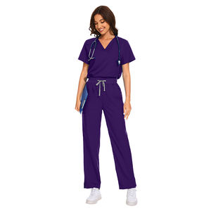 Ensemble de blouses médicales unisexes à manches courtes en tricot de qualité supérieure, col en V, pantalon cargo droit, uniforme médical, logo personnalisé - Product Image 2