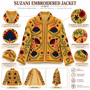 Veste brodée Suzani jaune moutarde, broderie florale d'art populaire, vêtements ethniques bohèmes pour femmes, vêtements de mode boutique - Product Image 6