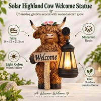 Statue de vache des Highlands écossais, style campagnard, à énergie solaire, décorations d'ambiance avec panneau de bienvenue