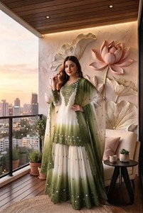 Traje Tradicional de Georgette para Mujer con Bordado y Recortes, de Secado Rápido, Corte Regular, Largo hasta el Suelo, para Bodas, Estilo India/Pakistán - Product Image 3
