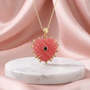 Best Selling 18K Gold Plated Brass Heart Shape Claw Setting Synthetic Rhodochrosite & Black CZ <b>Cable</b> Chain Necklace - Product Image 2
