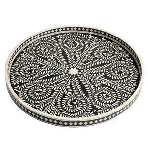 Handmade Mother Of Pearl Inlay Round <b>Serving</b> <b>Tray</b> <b>Black</b> Floral Pattern Bone Inlay Decorative <b>Tray</b> For Coffee Table Home Kitchen - Product Image 1