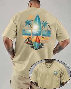 Men's Beige T-Shirt Short Sleeve O-Neck Digital <b>Print</b> Beach <b>Surf</b> Design Regular Fit 100% Cotton Jersey 220g Knit Breathable - Product Image 1