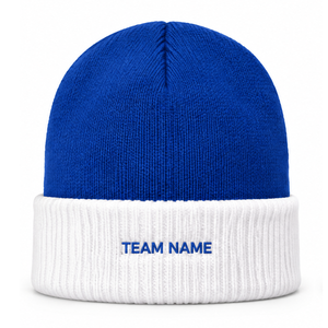 Bonnet personnalisé brodé avec le nom de l'équipe, bicolore, bleu et blanc contrastés, tricoté, chaud pour l'hiver, multicolore, style skull cap - Product Image 1