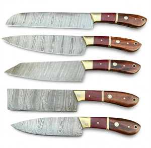 Juego de 5 utensilios de cocina de acero de Damasco hechos a mano con mango de palisandro natural y bolster de latón - Product Image 5