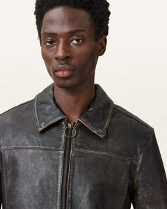 <b>Men's</b> Genuine Leather <b>Jacket</b> Vintage Distressed Finish Point Collar Zip Closure Ring Pull Banded Hem <b>Trucker</b> Coat Outerwear - Product Image 4