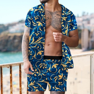 Ensembles 2 pièces en satin pour hommes, style décontracté, avec logo personnalisé, respirants, séchage rapide, imprimé hawaïen, chemise et short tissés – Vente en gros pour l'été - Product Image 2