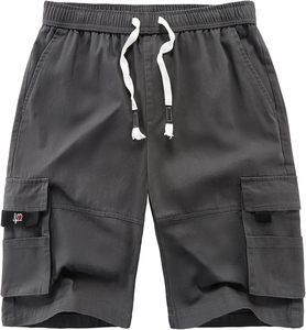 Shorts cargo gris pour hommes avec cordon de serrage à la taille et plusieurs poches, style décontracté, taille mi-haute, en coton respirant, type Bermuda - Product Image 1