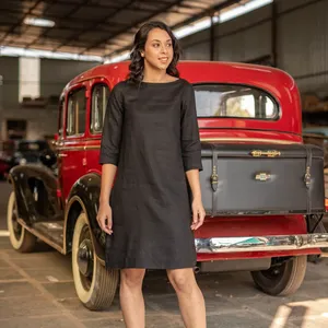Vestido Mini de Lino y Algodón Estilo Bohemio para Mujer, Cuello Redondo, Manga 3/4, Holgado, Cómodo, Vestido Maxi de Verano - Product Image 4
