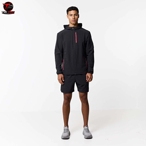 <b>Black</b> Hooded Tracksuit <b>Jacket</b> and Shorts Set Zip-Up Summer Eco-Friendly Sports Training Running Wear Polyester <b>Suit</b> - Product Image 1