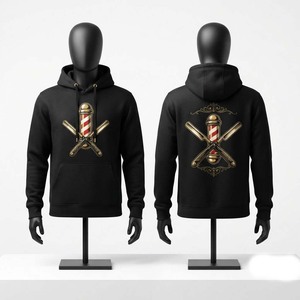 Sudadera con Capucha para Barbero, 240 GSM, Felpa Premium de Algodón/Poliéster, Negra, con Diseño Personalizado DTF de Poste de Barbero y Tijeras, Bolsillo Otoñal - Product Image 1