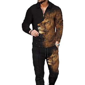 Ensemble de survêtement pour homme à imprimé lion, sweat-shirt à manches longues et demi-zip et pantalon de jogging, tenue décontractée d'automne, motif animalier, coupe classique - Product Image 6