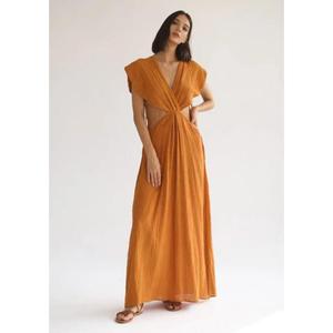 Vestido Maxi de Verano para Mujer, Color Naranja, Cuello en V Profundo, Corte Entallado, Estilo Playero, 100% Algodón Ecológico, Estampado Floral - Product Image 1