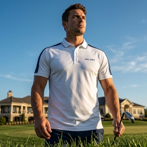 Polo de golf personnalisé pour homme, blanc et bleu marine, en piqué de polyester anti-humidité, uniforme d'entreprise, vêtements de performance OEM ODM - Product Image 6