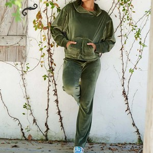 Women's Oversized Hooded <b>Velour</b> <b>Sweatshirt</b> Solid Green Full Sleeve Regular Length Breathable Cotton Autumn Winter Front Logo - Product Image 5