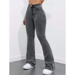 Jean vintage gris taille haute pour femme, coupe évasée, en denim, écologique, durable, extensible, jambe large, décontracté, tendance - Product Image 3