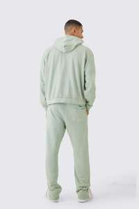 Ensemble de survêtement homme vert sauge uni, effet vieilli, avec logo personnalisé, sweat à capuche zippé et pantalon de jogging assorti, style streetwear, 100% coton, OEM ODM - Product Image 4