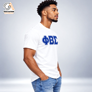 Camiseta personalizada de manga corta con cuello redondo para hombre, color blanco, con estampado de letras griegas azules de Phi Beta Sigma - Product Image 4