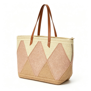 Customized Diamond patchwork woven tote <b>bag</b>, neutral‑pink geometric straw shopper,multi‑tone woven <b>basket</b> tote with faux‑leather - Product Image 3