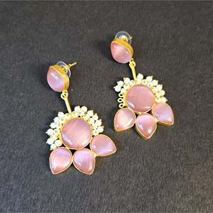 Pastel Pink Drop Charm Earrings with Pearls and Gold Plated Brass - Product Image 2