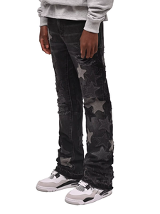 Jean en denim noir délavé coupe évasée avec patchs, style streetwear hip-hop Y2K, qualité supérieure, personnalisable, pour homme, en coton, OEM ODM, collection 2026 - Product Image 2