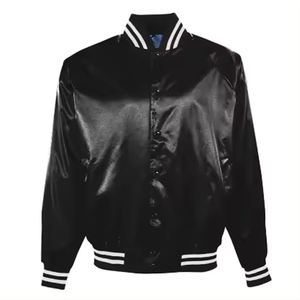 Customized Black Satin Varsity <b>Jacket</b> with Embroidered Patch Stand Collar Sports Bomber Winter Hot Sale Letternman Design - Product Image 1