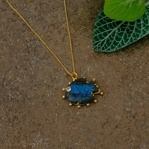 Labradorite Carved Fish Pendant <b>Necklace</b> Handmade <b>Blue</b> Fire Gemstone Charm Gold Plated Statement Boho Animal Jewelry 562413 - Product Image 4