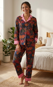 Conjunto de Ropa de Casa de Algodón con Estampado de Frutas |   Conjunto de Pijamas a Juego para Mujer |   Pijamas Tropicales Divertidos con Ribete Rosa |   Ropa cómoda para estar en el <span class=keywords><strong>resort</strong></span>. - Product Image 2