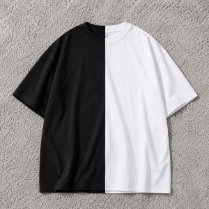 T-shirt décontracté d'été pour homme, coupe oversize, bicolore noir et blanc, en coton, style streetwear, avec empiècements fendus - Product Image 1