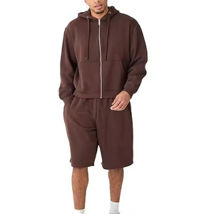 Men's Hoodie and Shorts Set Solid Color Cotton French Terry Casual Wear Summer Outfit Brown Full <b>Zip</b> <b>Hooded</b> Matching Shorts - Product Image 1