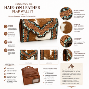 Portefeuille à rabat en cuir de vachette travaillé à la main, style western, avec pochette intégrée |   Porte-cartes artisanal style bohème, export OEM Inde 2026 - Product Image 4