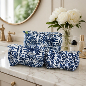 Ensemble de 3 trousses de maquillage bleues à motifs botaniques, en coton matelassé, pour femmes, sacs cosmétiques de voyage, rangement de beauté, fermeture éclair, ensemble cadeau - Product Image 1